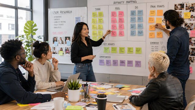 Woman leading user research analysis workshop with diverse team
