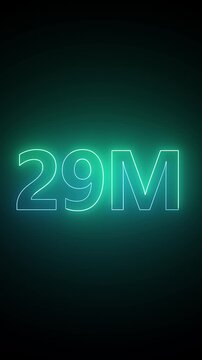Neon glowing number twenty nine million text animation against dark green gradient background for social media milestone.