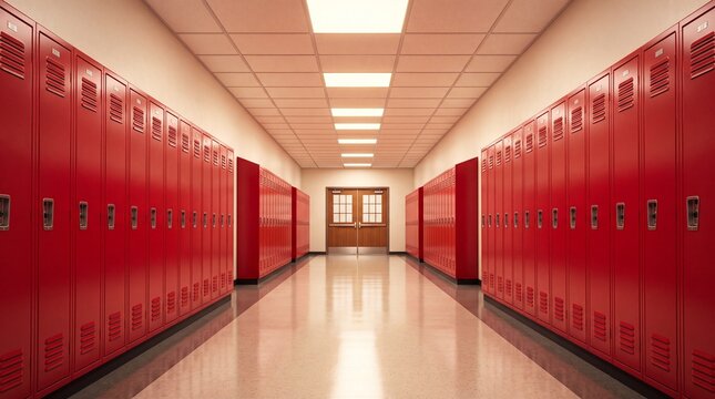 Empty high school hallway with vibrant red lockers lining both sides leading towards a wooden door at the end of a brightly lit modern corridor