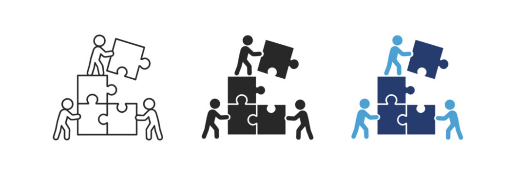 Puzzle and teamwork icon set with people building jigsaw puzzle in editable outline, solid and blue vector styles