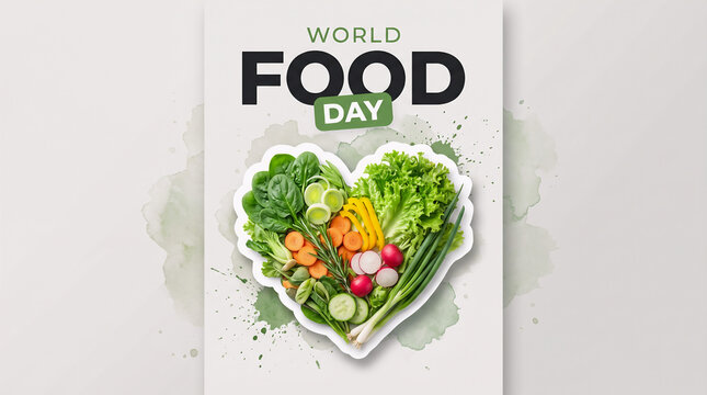 World Food Day Poster - Heart Shaped Arrangement of Fresh Vegetables on White Background with Watercolor Splashes