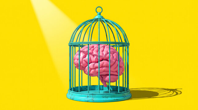 3D Render of Brain Trapped in Blue Cage with Chain on Yellow Background