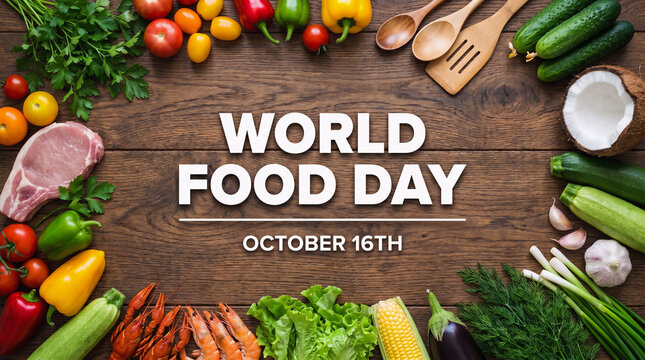 Top view flat lay composition celebrating World Food Day on October 16th featuring diverse fresh ingredients arranged on rustic wooden table including colorful vegetables
