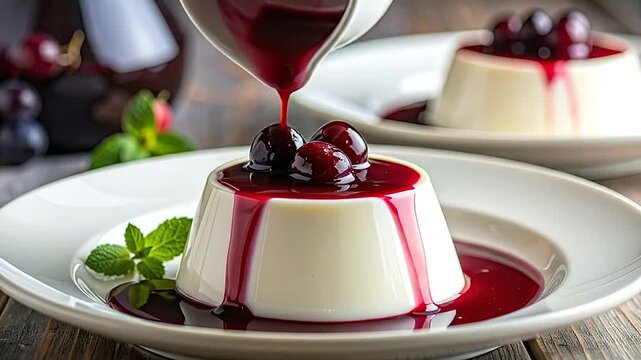 A creamy dessert topped with fresh berries and sweet red syrup