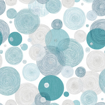 Seamless abstract teal and gray circle pattern with hand drawn concentric rings, soft watercolor dots on white modern wallpaper background