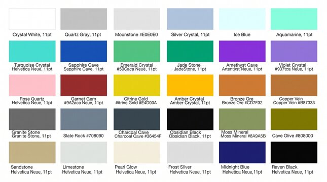 Comprehensive color palette swatch chart with descriptive labels, collection