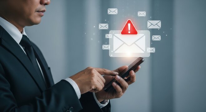 Businessman using mobile phone with email spam warning alert notification icon