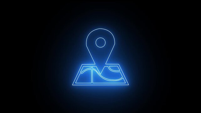 Glowing neon blue color location map sign icon animation position tracking direction address tags, journey place navigation icon sign symbol on black background, 4k video....