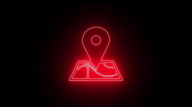 Glowing neon red color location map sign icon animation position tracking direction address tags, journey place navigation icon sign symbol on black background, 4k video....