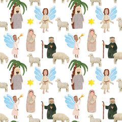 Obraz premium Baby Jesus with Mary, Joseph, shepherds, angels and sheep. Hand-painted watercolor seamless pattern on white. Perfect for Christmas cards, Sunday school, banners, textile and Christian decor. Holy