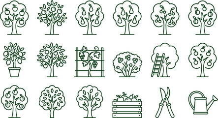 Obraz premium Fruit Orchard and Gardening Line Icon Collection Featuring Apple Pear Cherry Trees Vineyard Harvest Tools and Agricultural Vector Set