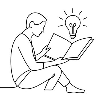 Minimalist Line Art of Person Reading Book and Lightbulb