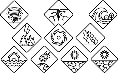 Fototapeta premium Natural Disaster and Climate Hazard Line Icon Collection Featuring Tornado Earthquake Flood Wildfire Drought Hurricane and Extreme Weather Vector Set