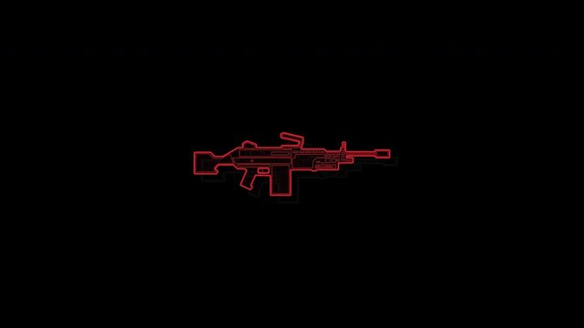 Abstract red neon outline of a tactical assault rifle on a black background.