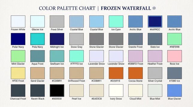 Frozen waterfall color palette chart for winter themes with waterfall, resource