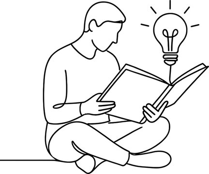 Minimalist Line Art of Person Reading Book and Lightbulb