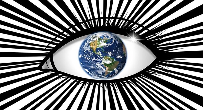 Human eye with planet Earth as iris, black and white stripes