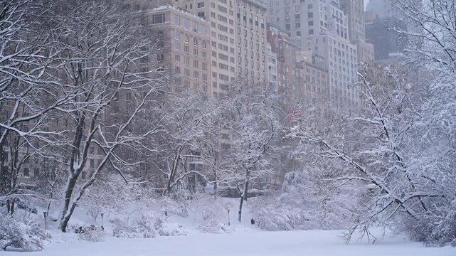 People walking on snowy city sidewalk in winter. Group of people on street with snow covered trees and Hilton hotel in New York city.
