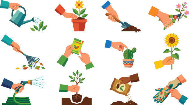 Gardening icons, hand drawn plants, colorful vector illustrations, 12 gardening actions
