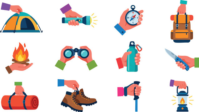 Camping, outdoor adventure icons, 12 colorful flat symbols, hiking travel illustrations, vector graphics