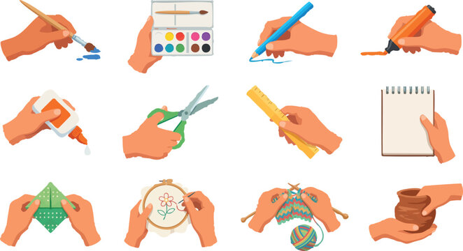 Crafting, art supplies, hand drawn icons, 12 vector graphics, colorful illustrations