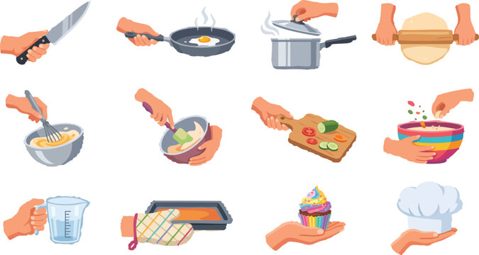 Cooking icons, kitchen utensils, food preparation, hand-drawn illustrations, 12 vector graphics