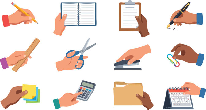 Office supplies, hands holding stationery, colorful icons, business tools, 12 vector graphics