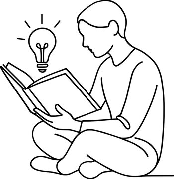 Minimalist Line Art of Person Reading Book and Lightbulb