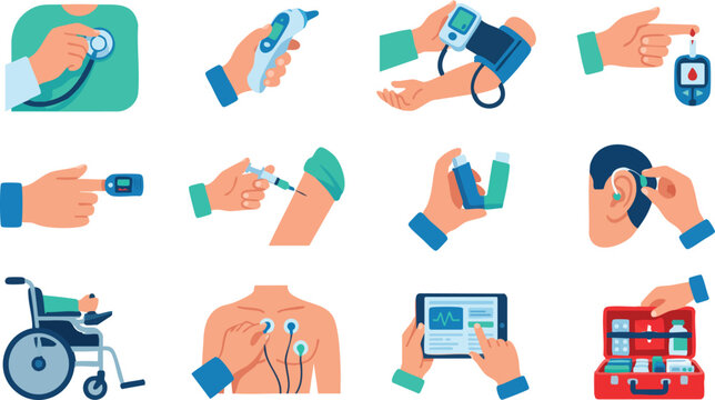 Medical, healthcare icons, vector set, 12 elements, blue green color scheme, health check, medical devices, wellness, treatment