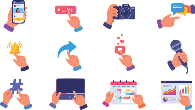 Hand holding social media, technology and business icons, flat vector set of 10