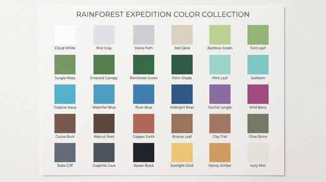 Rainforest expedition inspired color collection palette with rainforest
