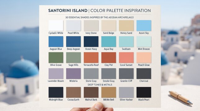 Santorini island inspired color palette inspiration card with santorini