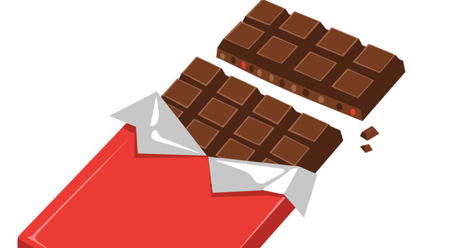Partially unwrapped chocolate bar in a bright red wrapper with silver foil showing broken pieces and individual squares for a sweet treat.