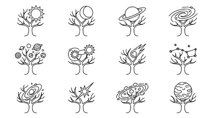 Cosmic Tree Icons: Solar System, Galaxy, Constellation, Planets, Sun, Moon, Comet © Akun