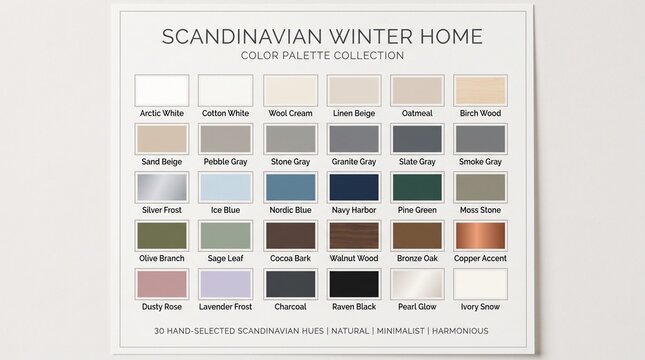 Scandinavian winter home interior color palette collection guide with interior