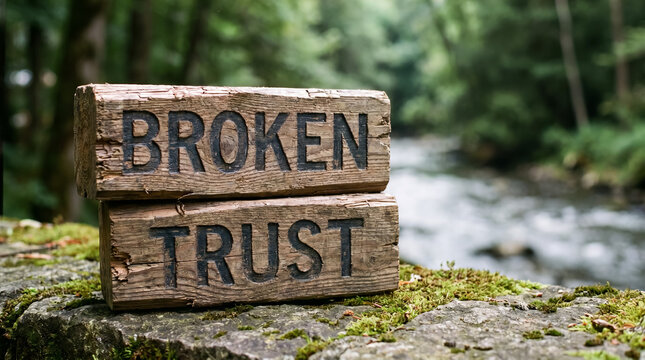 Wooden signs displaying broken trust by a flowing river. Representing infidelity, betrayal, emotional hurt, and disappointment