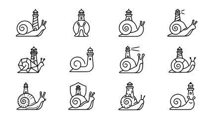 Snail Lighthouse Icons Set - Whimsical Marine Navigation Symbols © Akun