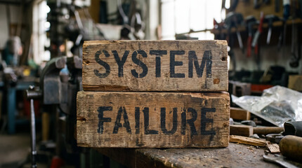 Plakat System failure text painted on old wooden blocks in a rustic workshop setting, symbolizing breakdown, error, and critical issue