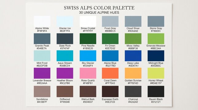 Swiss alps inspired color palette collection for design with mountain, landscape