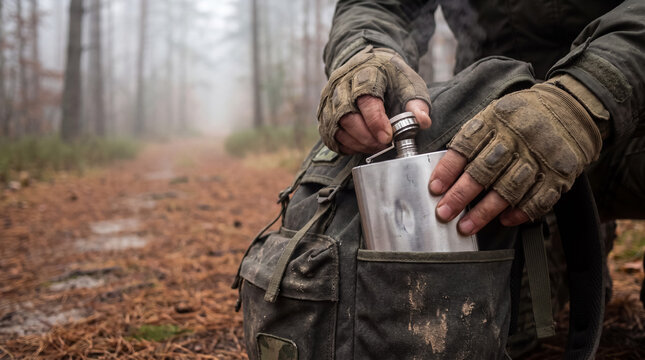 Unrecognizable person in hiking gear pulling a hip flask out of a dirty backpack in a misty autumn forest