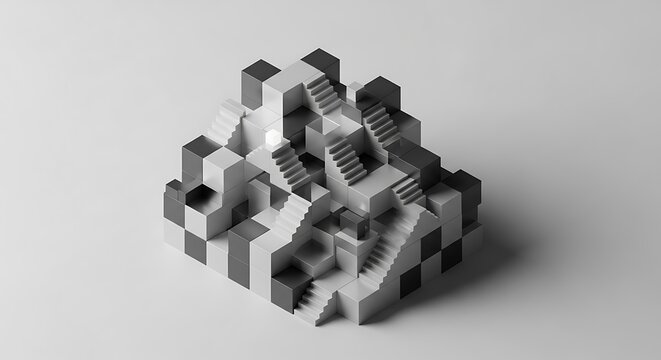 Isometric 3D labyrinth of cubes and stairs in grayscale