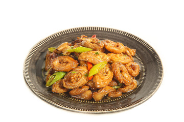 Fototapeta premium Stir-Fried Spicy Pig Intestines with Peppers Asian Cuisine Dish on Dark Plate