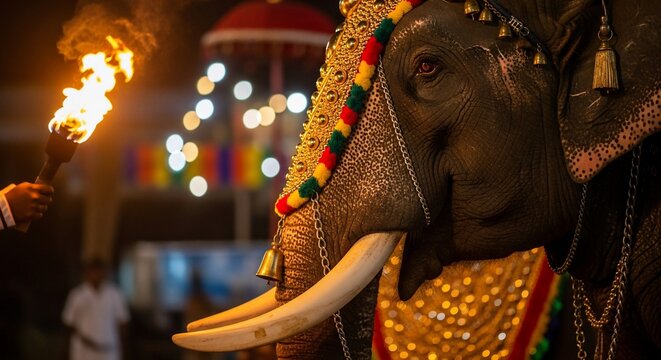 Decorated Elephant with Torchlight at Night Festival in India.