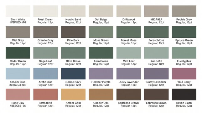 Comprehensive neutral and earth tone color palette chart with interior, painting