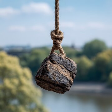 Heavy object hanging by thin rope tension concept