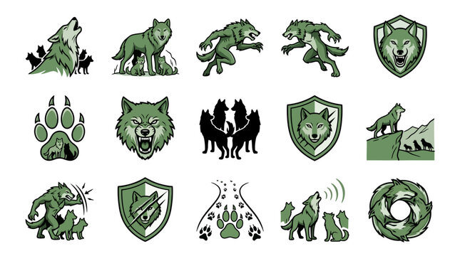 Corporate Green Wolf and Canine Themed Icons and Logos for Branding and Business Use with high quality professional line art symbols for modern creative design and digital branding projects