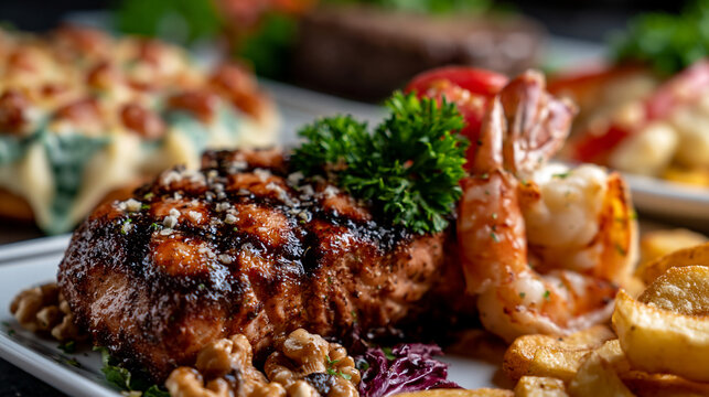 Surf and turf platter with grilled steak and jumbo shrimp restaurant culinary