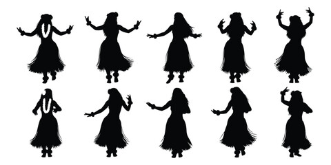 Set of black silhouettes of women dancing hula in traditional dress © Black Assets