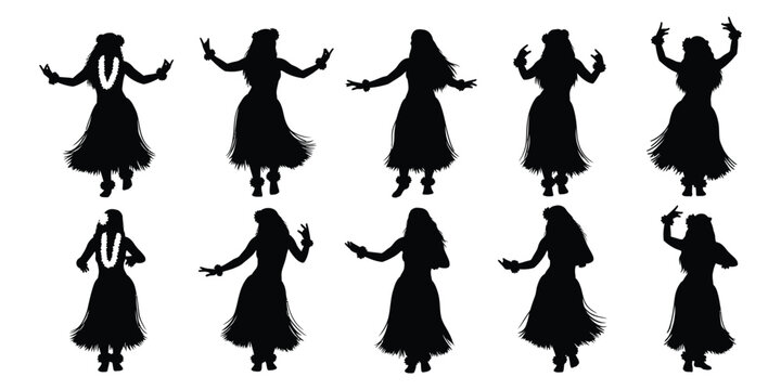 Set of black silhouettes of women dancing hula in traditional dress