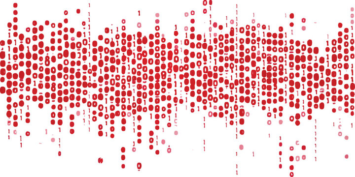 Abstract red binary code wave background with digital data stream equalizer and halftone dots vector illustration.